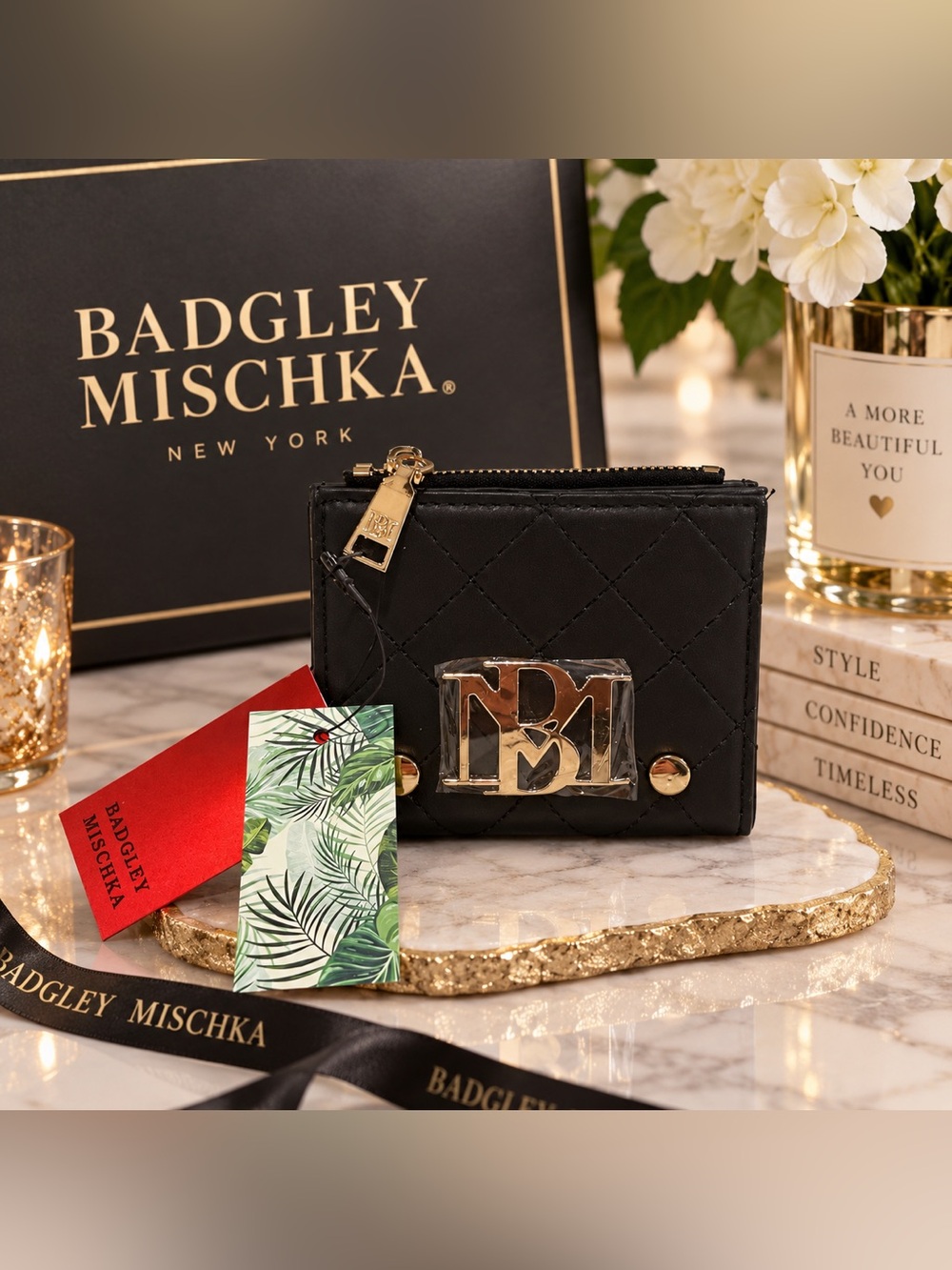 Badgley Mischka Black Quilted Card & Key Holder with Gold Plaque